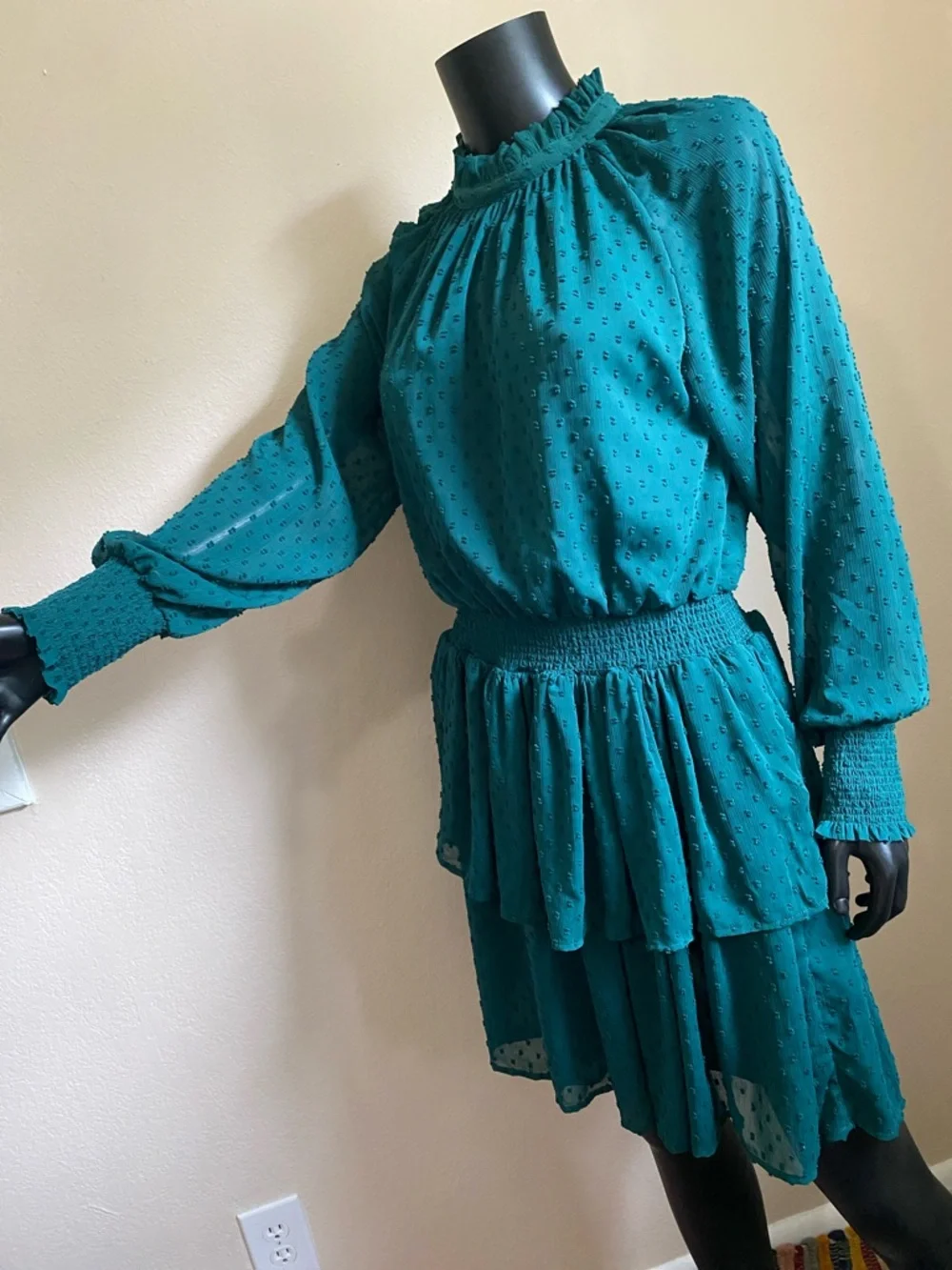 MUD PIE Green Swiss Dot Tiered Long Sleeve Mini Dress - Picture 3 of 14